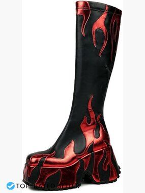 Side Zipper Chunky Platform Wedge Boots Round Toe Ankle Booties Flames Print